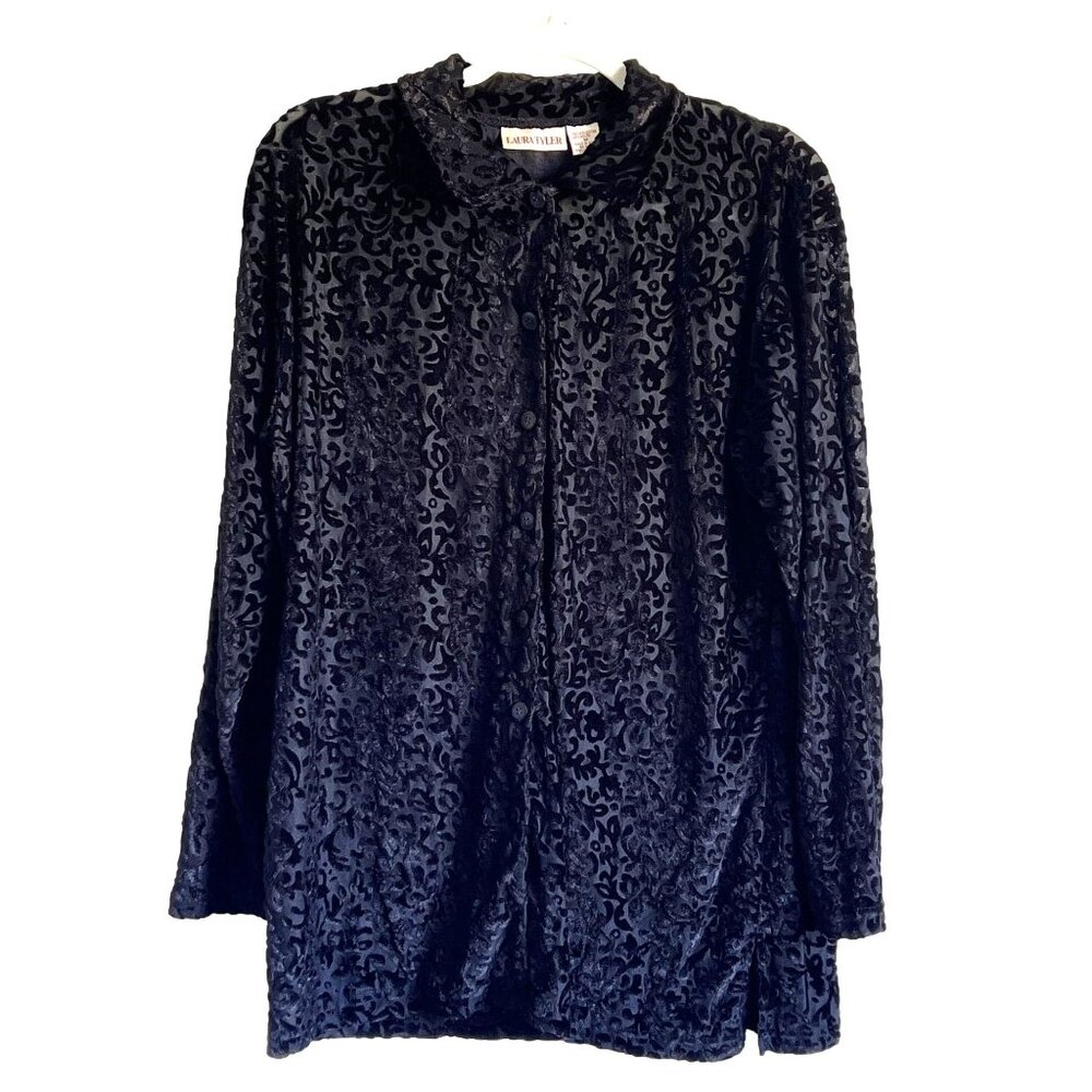 Laura Tyler Black Floral Velvet Burnout Button-Up Shirt M Fairygrunge Whimsygoth